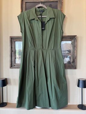 Vince Work Olive Green Pleated Midi Shirt Dress
